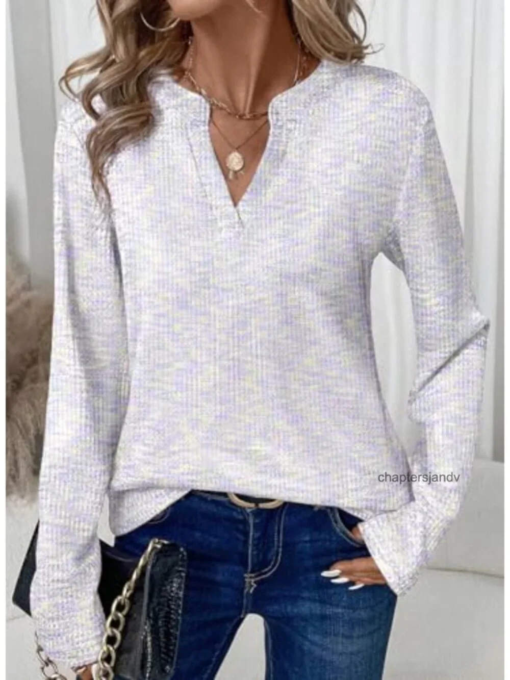 Dokotoo Waffle Knit V-Neck Long Sleeve Sweater Loose Fit Casual Top